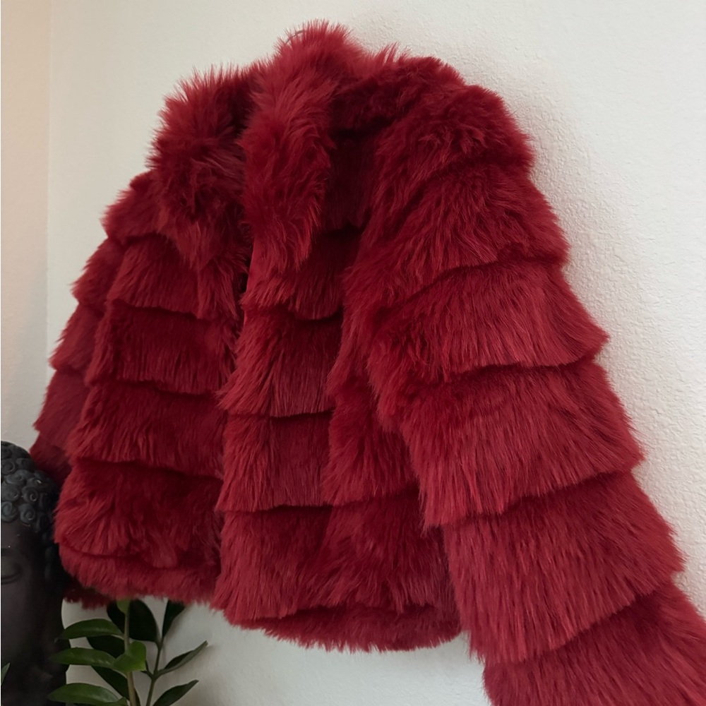 Forever 21 Red Faux Fur Tiered Jacket